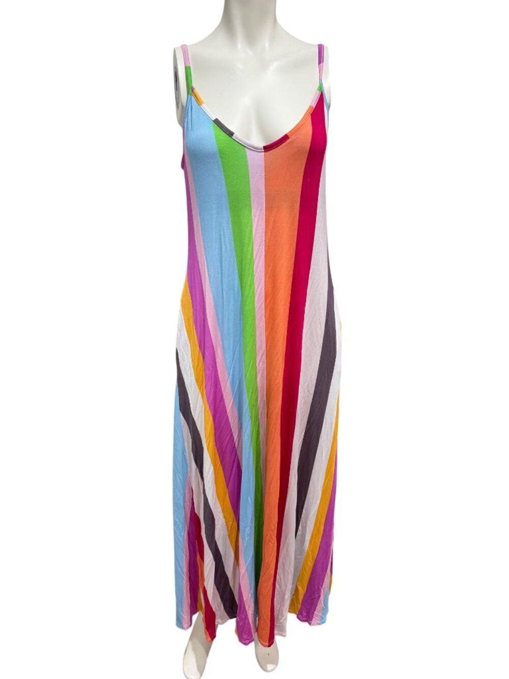 Skivys Malibu Goddess Gown Maxi Dress Striped Rainbow Modal Flowy Stretch Size M